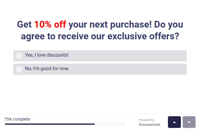 Consent question offering a discount code as an incentive for opting in