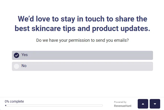 Marketing consent question with friendly, plain-language wording and a clear yes/no choice