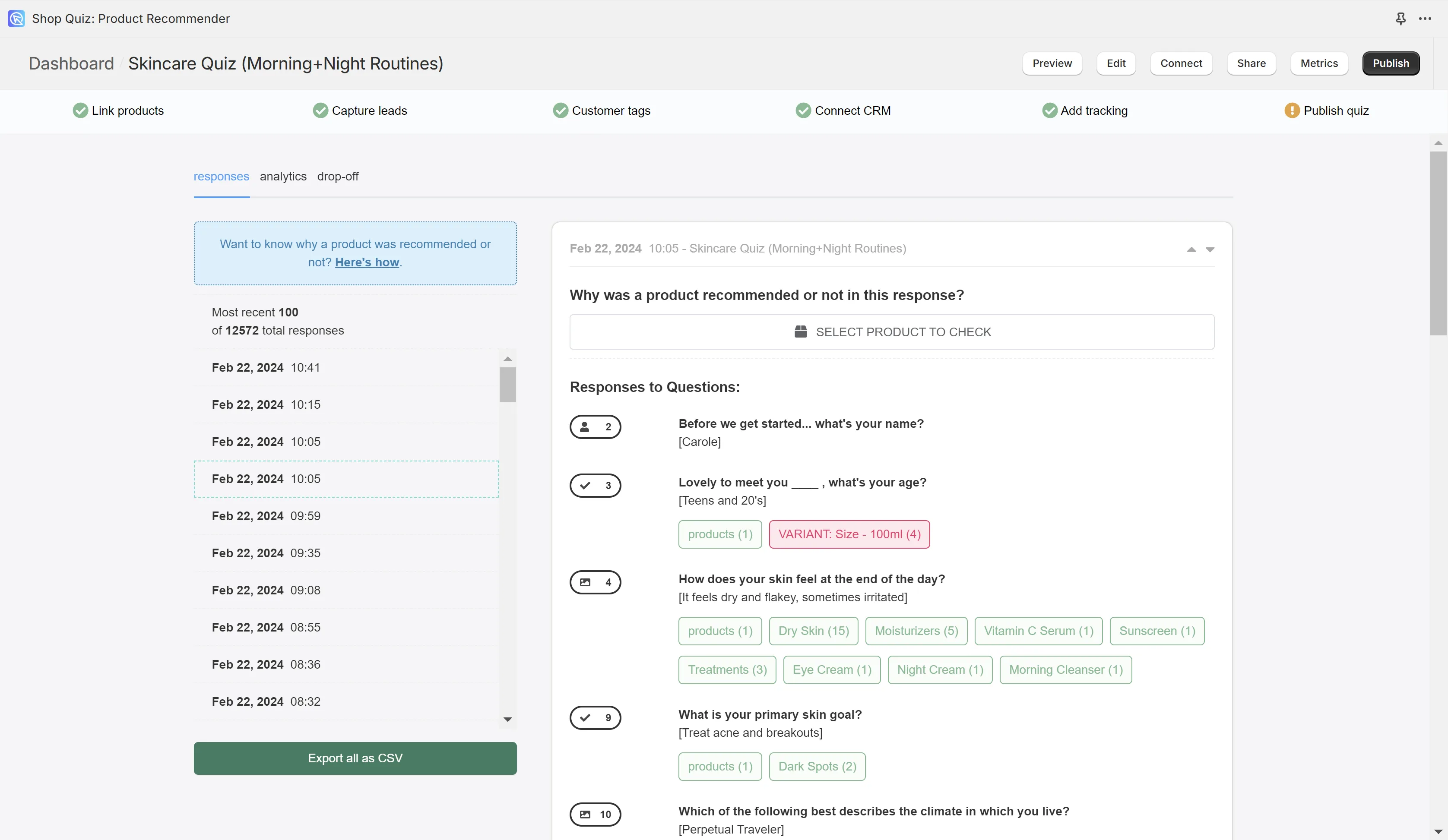 Quiz Builder Responses panel showing individual quiz submissions with choice and recommendation detail