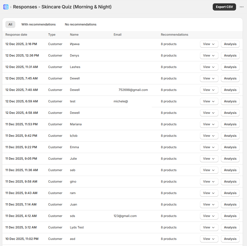 Built for Shopify Quiz Builder Responses panel showing individual quiz submissions with choice and recommendation detail