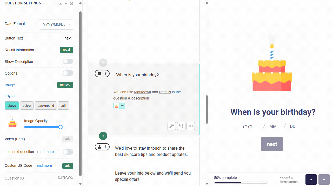 Quiz Builder Date slide with a date picker showing calendar selection