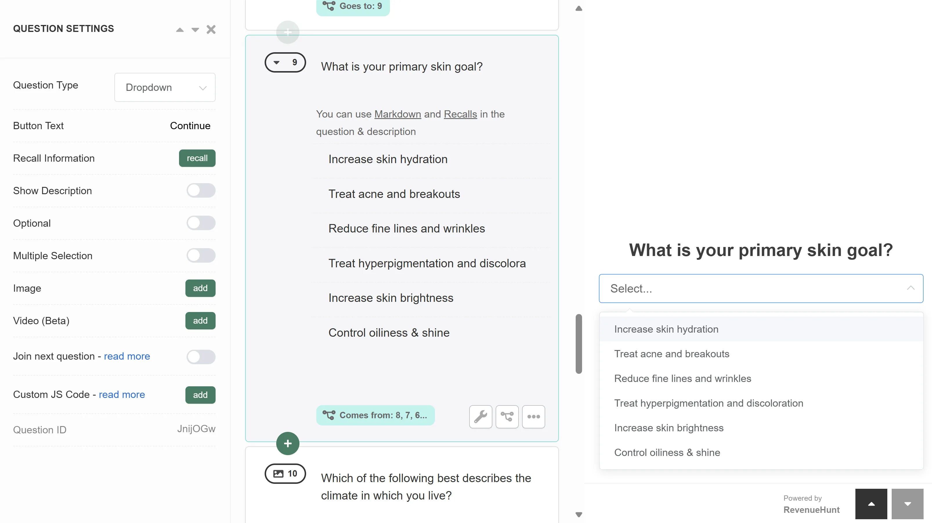 Quiz Builder Dropdown slide with a collapsed dropdown showing many options on click