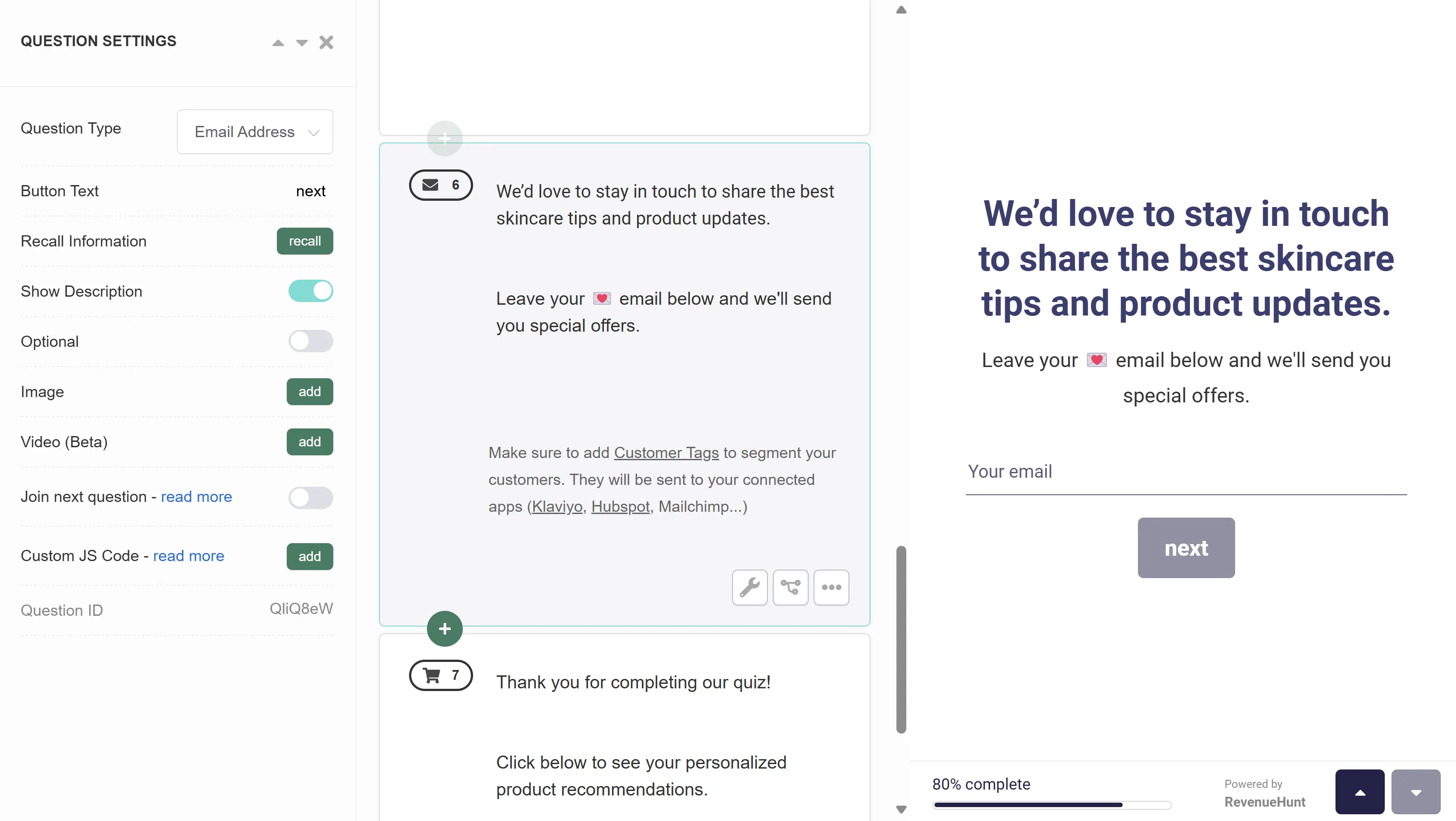 Quiz Builder Email Address slide with an email input field and consent options