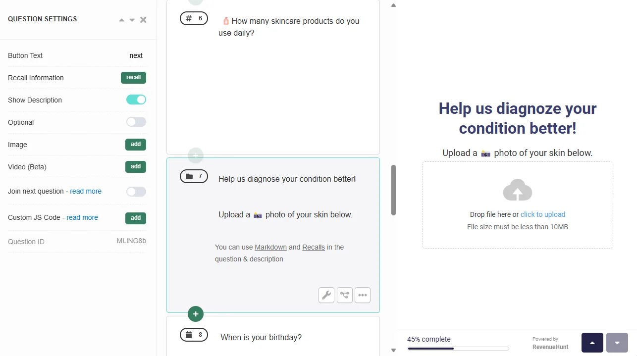Quiz Builder File Upload slide with a file selector for image and document uploads
