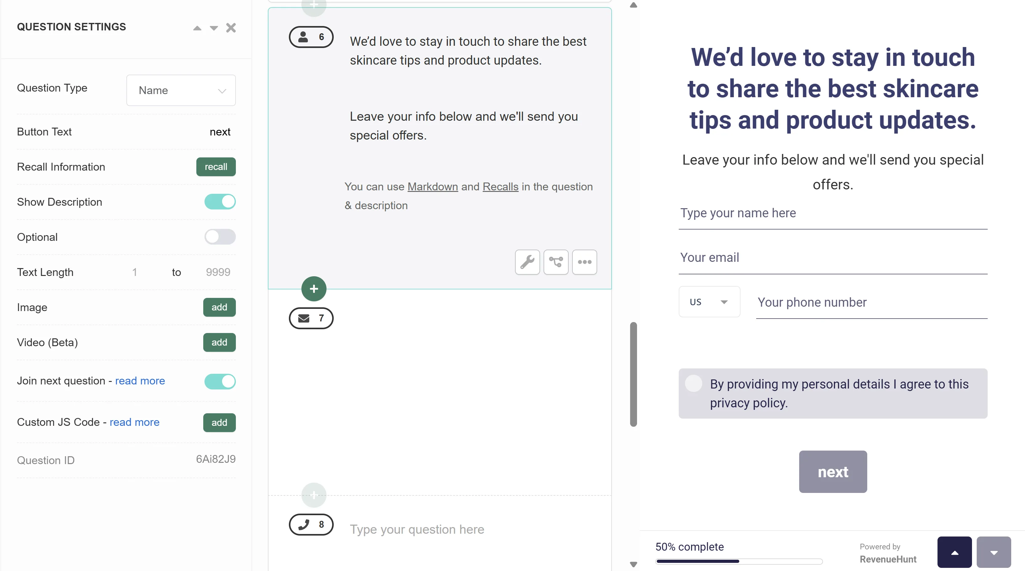 Quiz Builder showing Name, Email and Phone questions joined into a single slide
