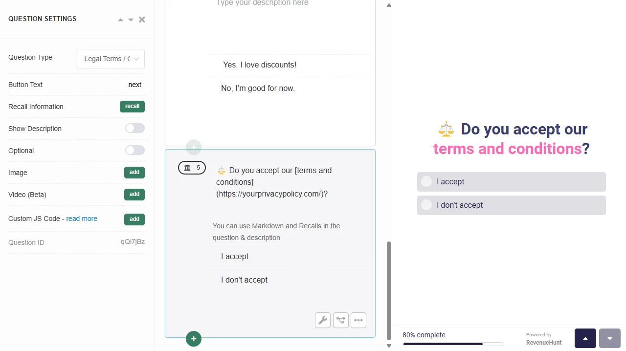 Quiz Builder Legal/GDPR slide with terms text and Accept/Decline buttons