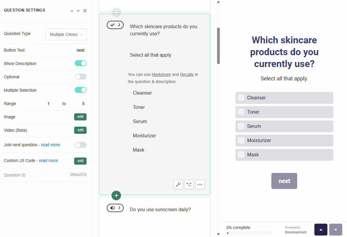 Quiz Builder Multiple Choice slide with single-select clickable options