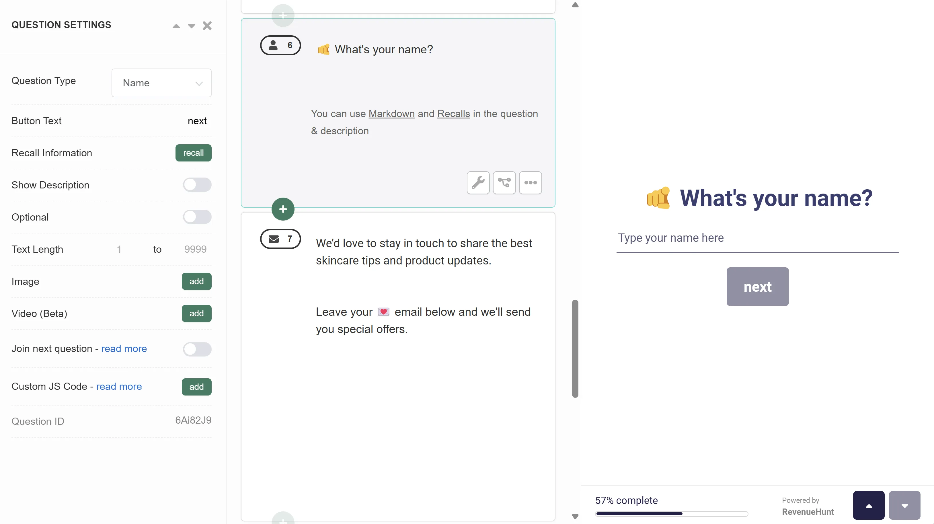 Quiz Builder Name slide with a single-line input field