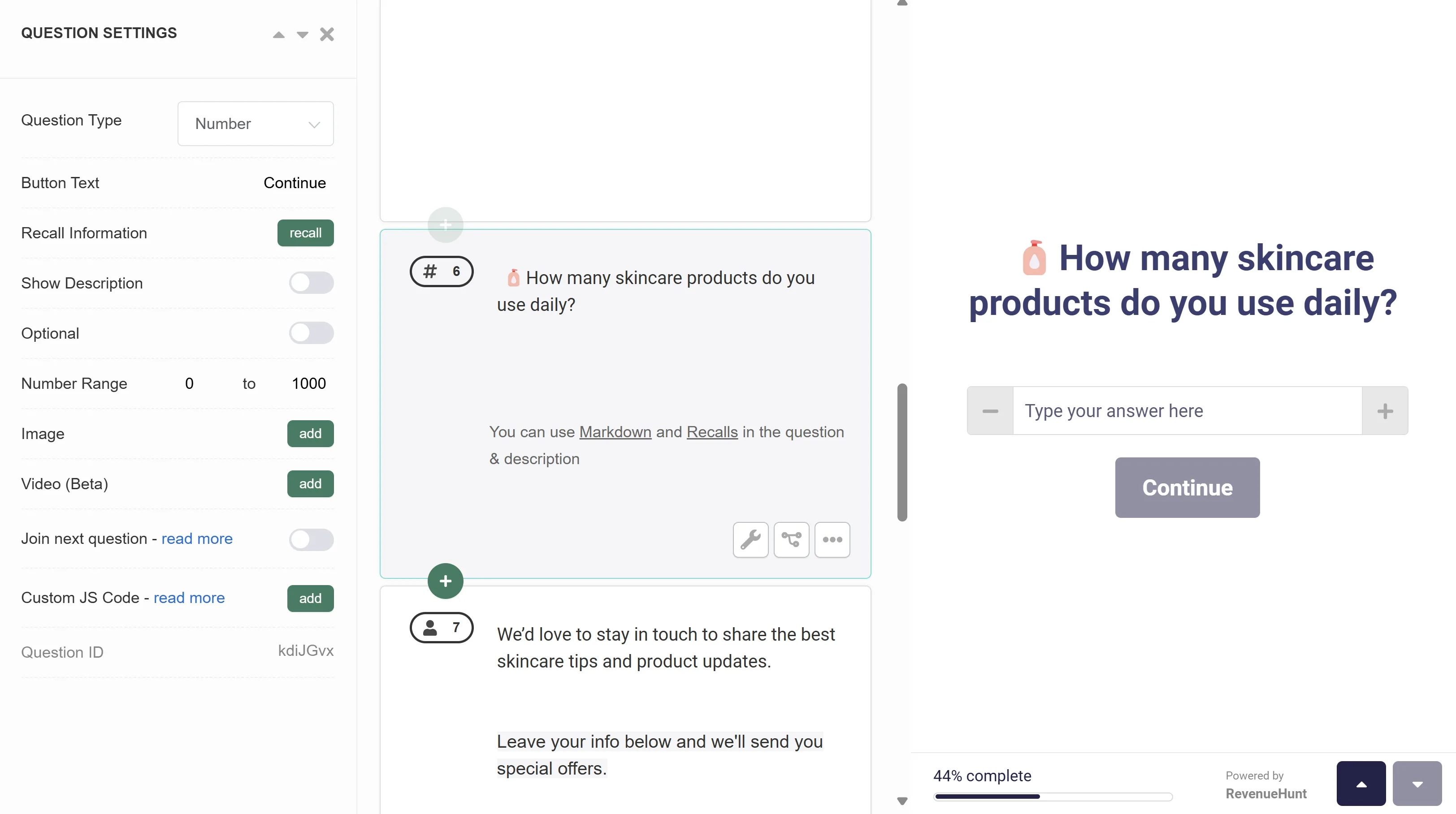 Quiz Builder Number slide with a numeric input field