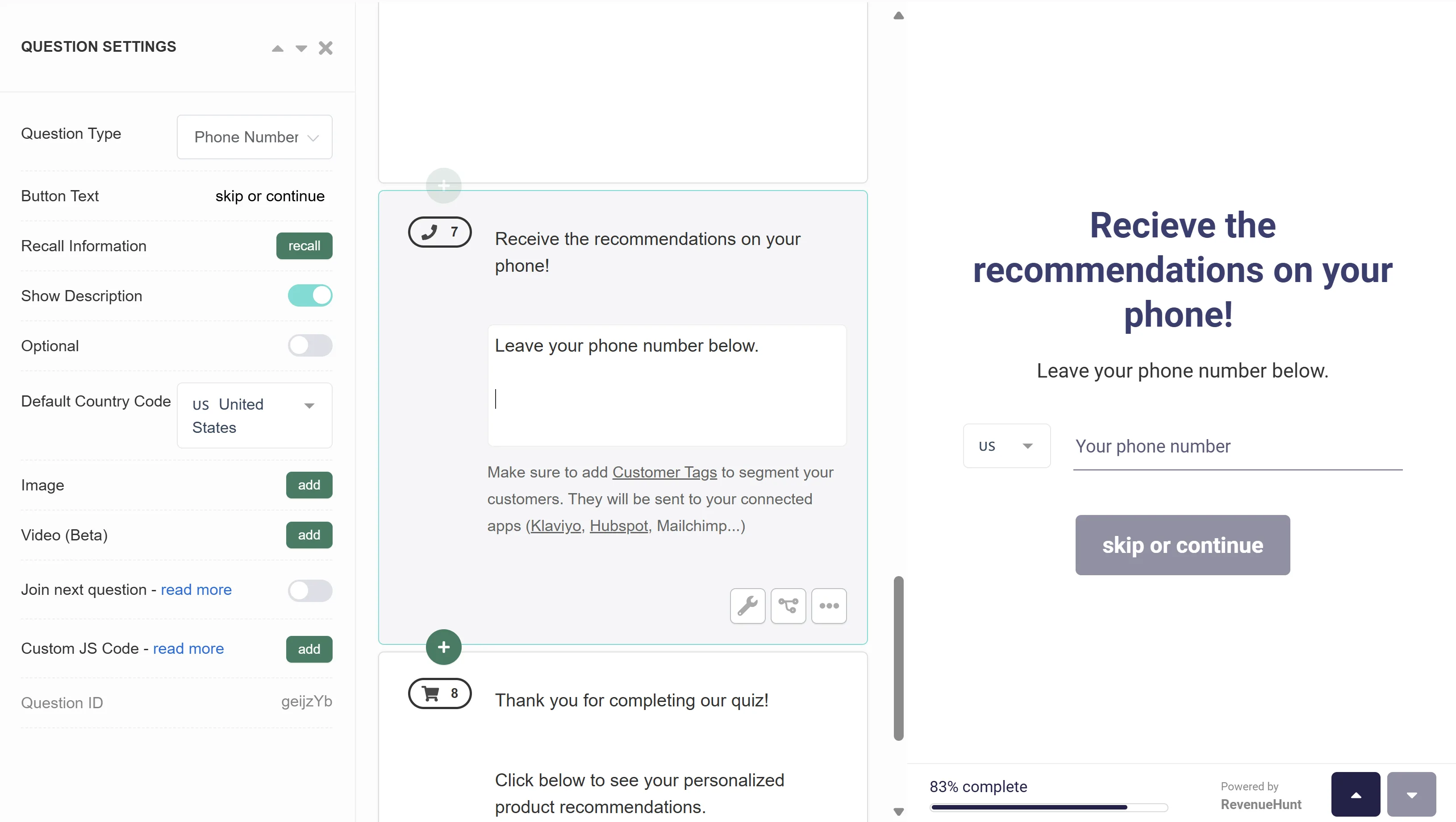 Quiz Builder Phone Number slide with a phone-format input field