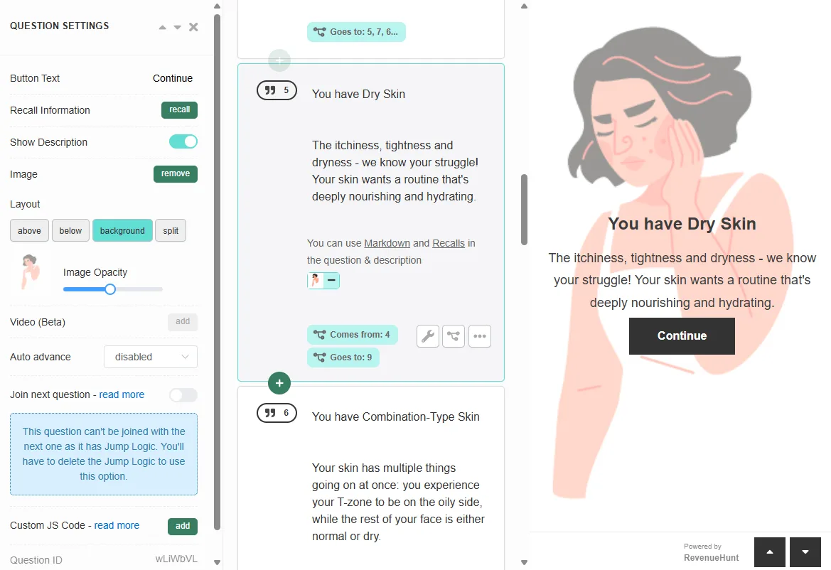Quiz Builder Statement slide with explanatory text and a Continue button