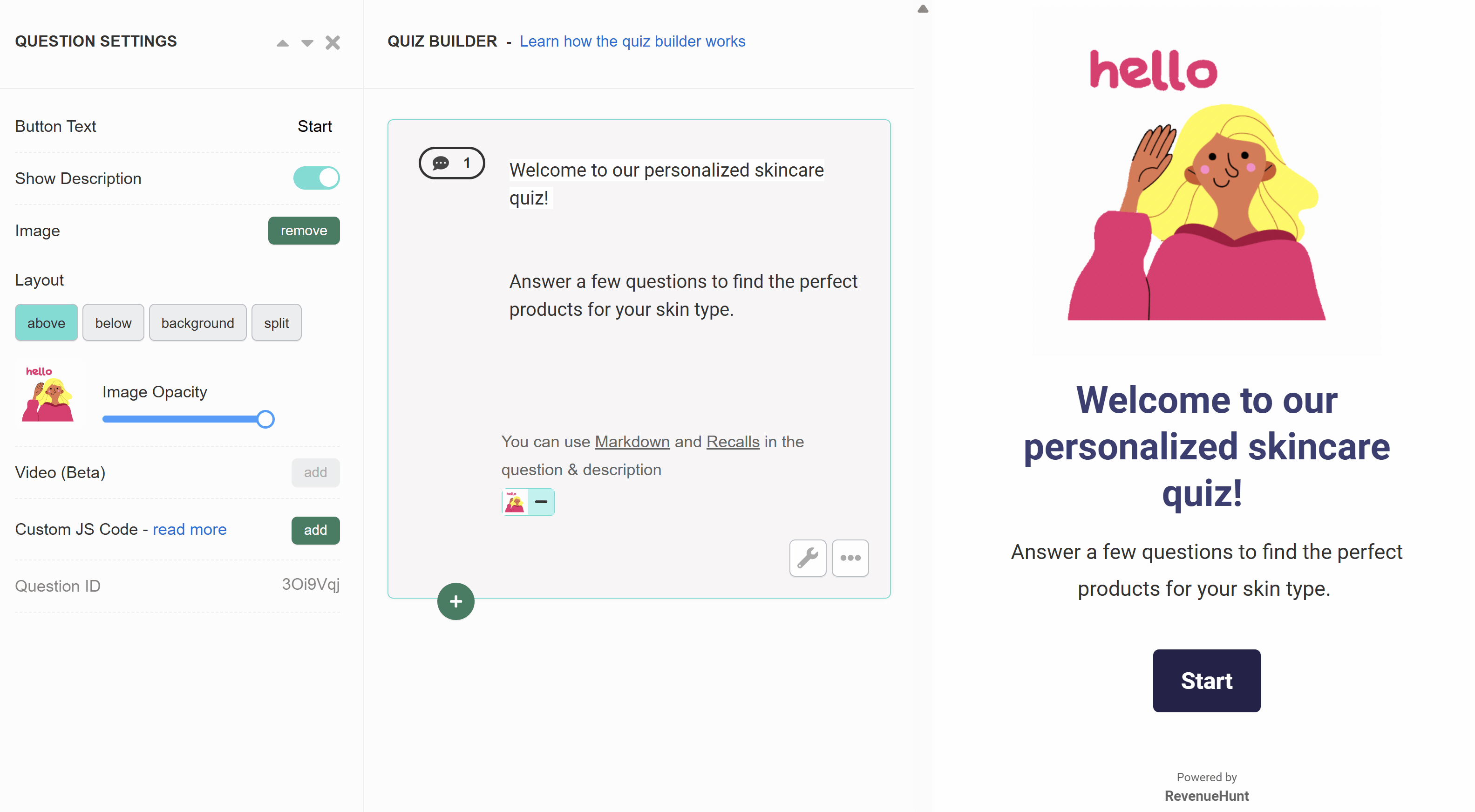 Quiz Builder Welcome Message slide with introductory text and the Start Quiz button