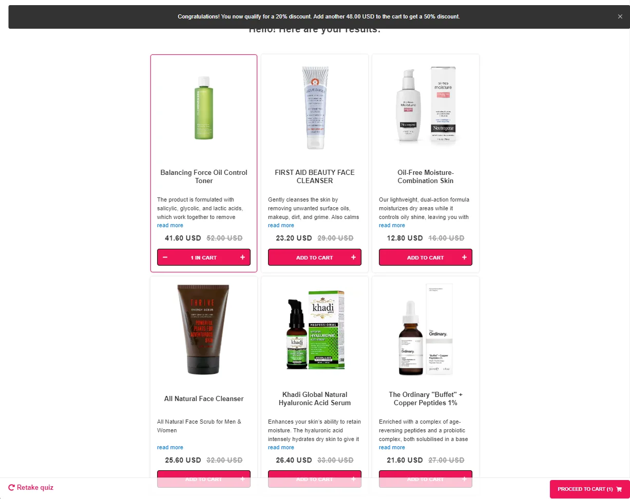 Results page configuration showing dynamic discount tiers based on cart value