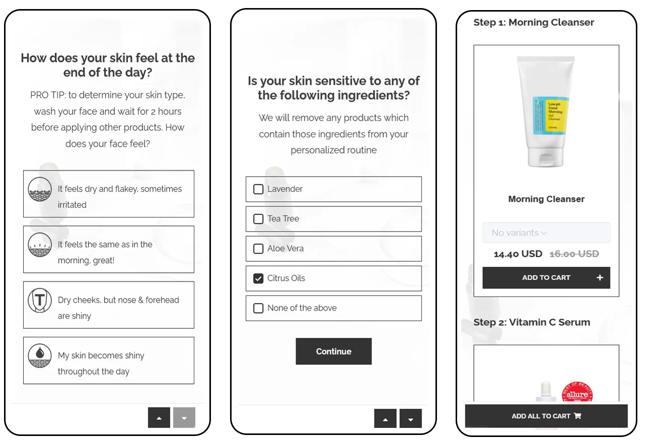Beauty quiz interface rendering smoothly on mobile with picture-choice questions