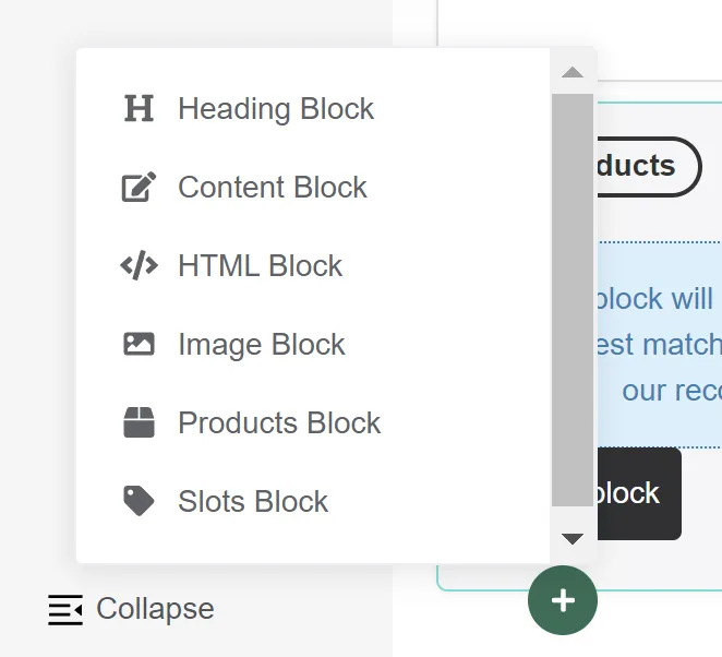 Add block menu on the results page
