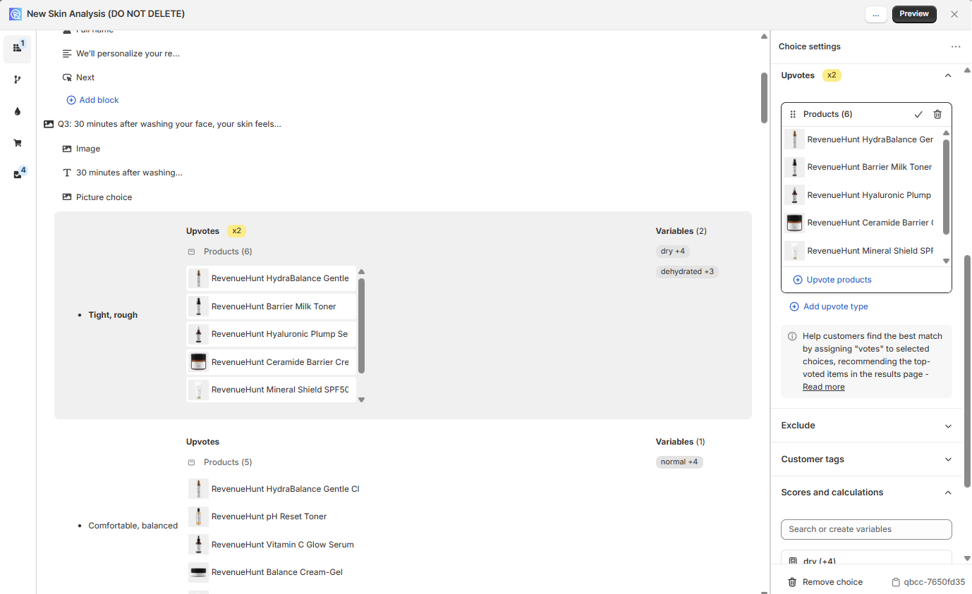 Choice Settings with upvoted products and Scores and calculations