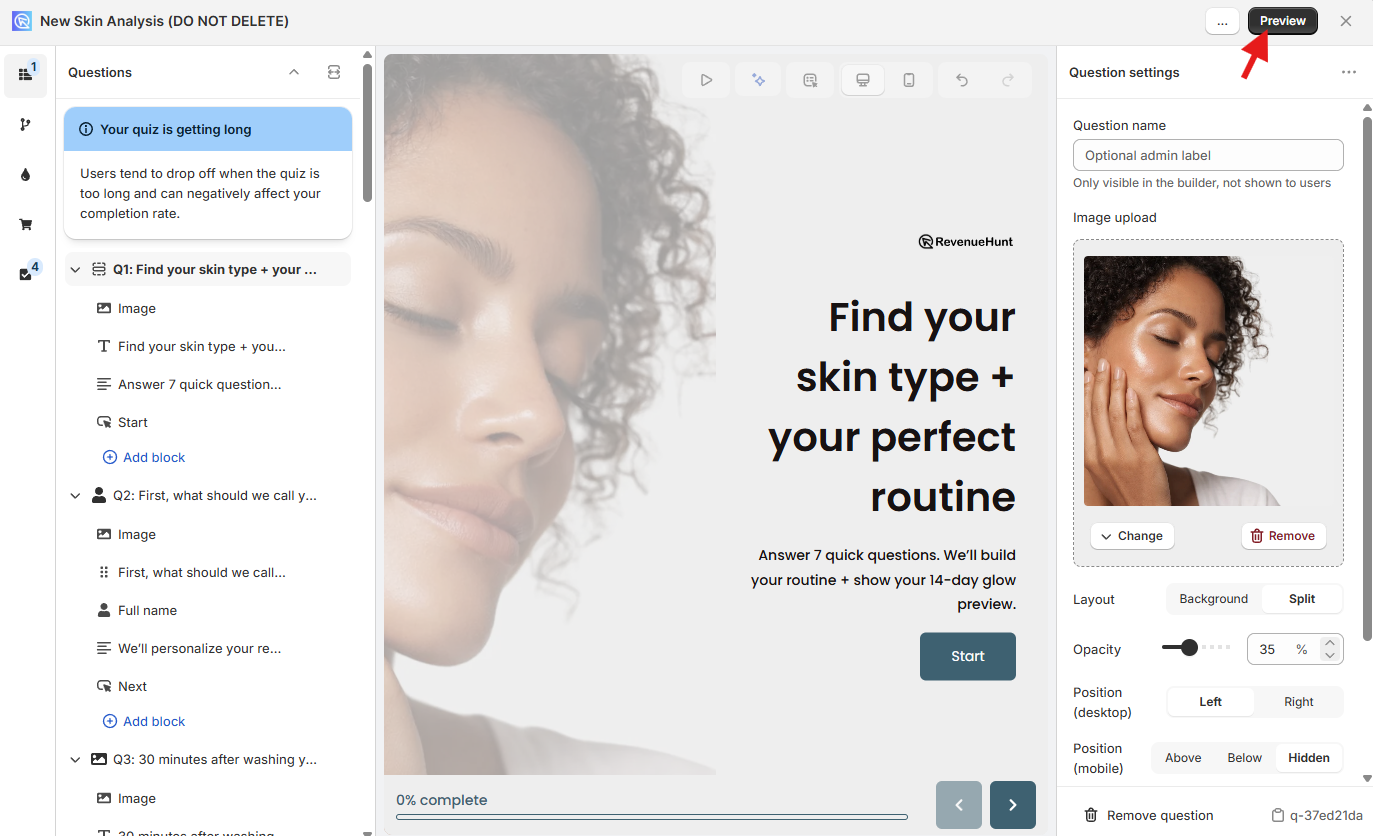 Quiz Builder with the Preview button in the top right