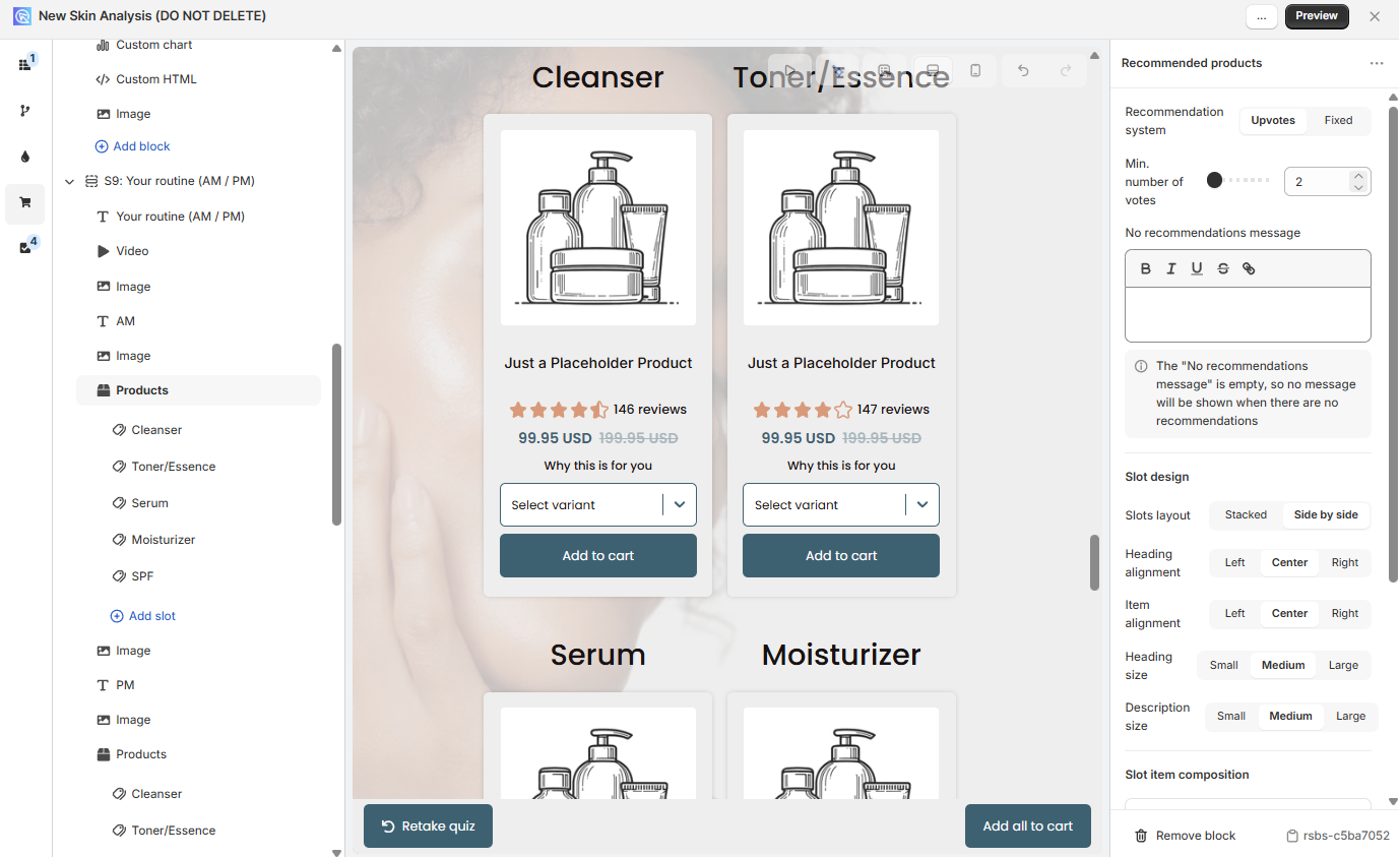 Results page with Cleanser and Toner slot blocks and Display Logic panel