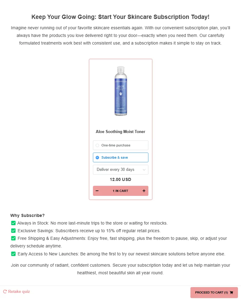 Subscription option on the product page after the link redirect