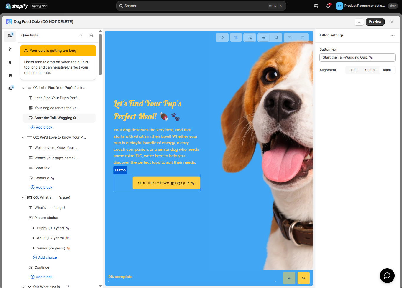 RevenueHunt Built for Shopify quiz builder showing the call-to-action button label being edited inline on the results page block