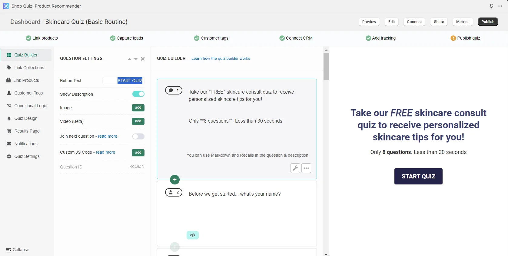 Quiz Builder Messages settings panel where you customise CTA button text for each stage of the quiz