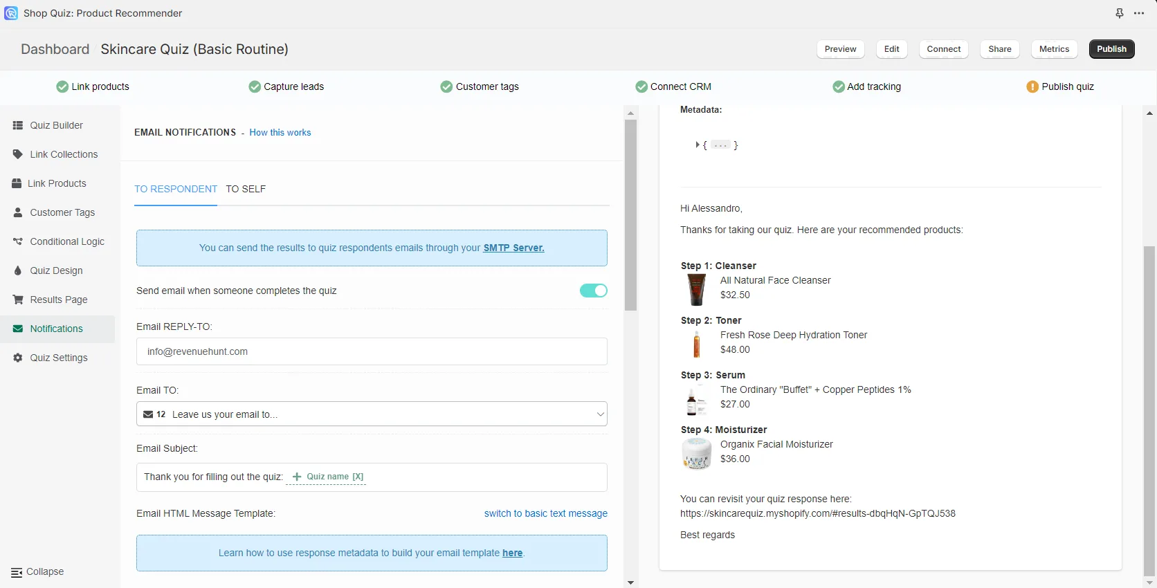Quiz Builder follow-up email settings showing where to enable and configure the post-completion email