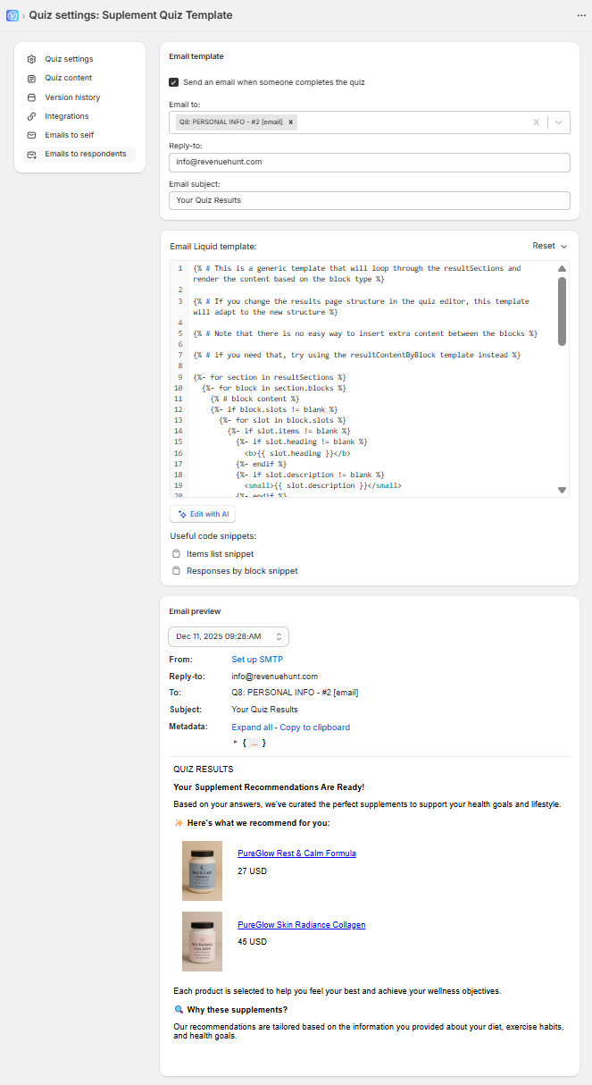 Built for Shopify Notifications panel with the To Respondent post-quiz email configured, subject line and body referencing the customer's stated quiz answers