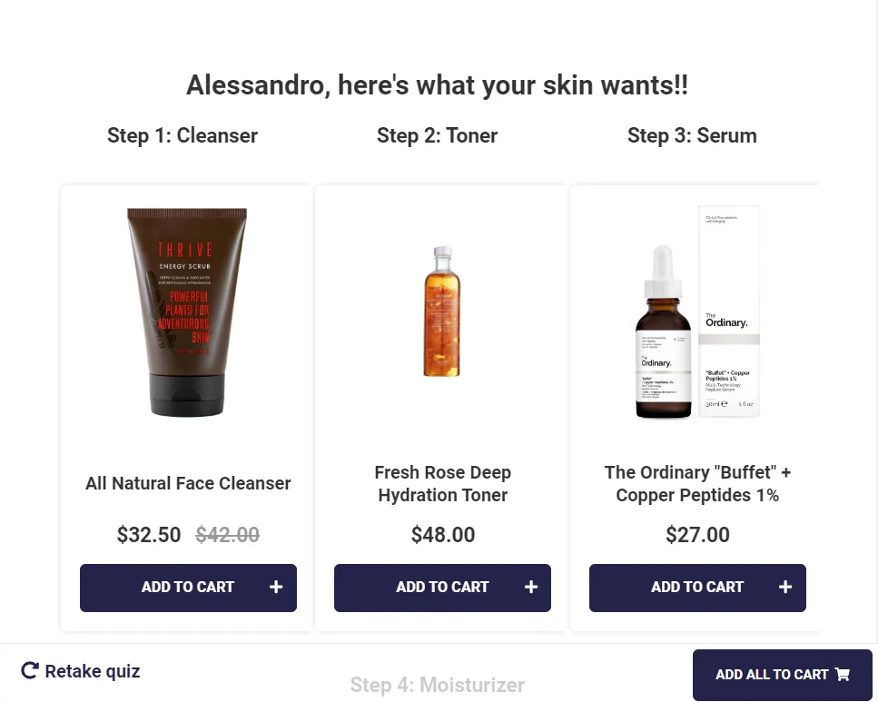 Quiz Builder results page showing a single confident product recommendation with explanatory copy
