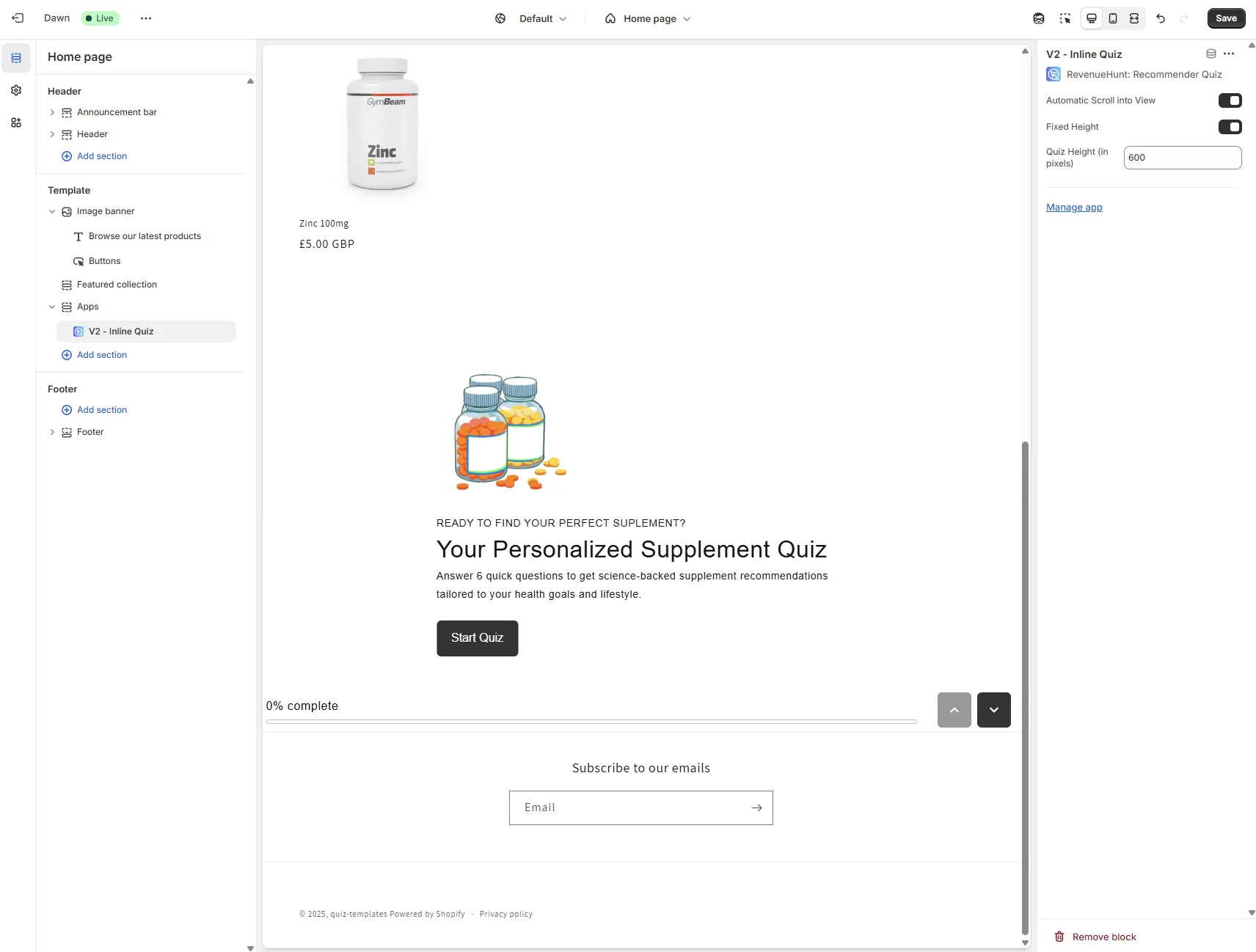 BFS quiz embedded natively as a Shopify block