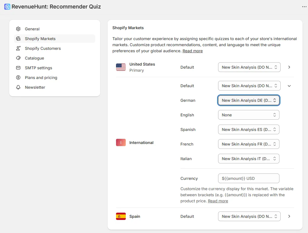 Shopify Markets configuration in the BFS app showing per-market quizzes