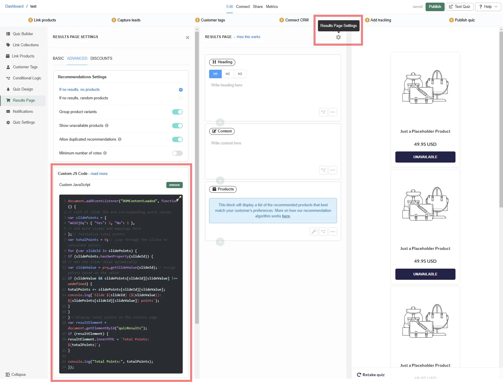 Custom JavaScript field on the Results Page