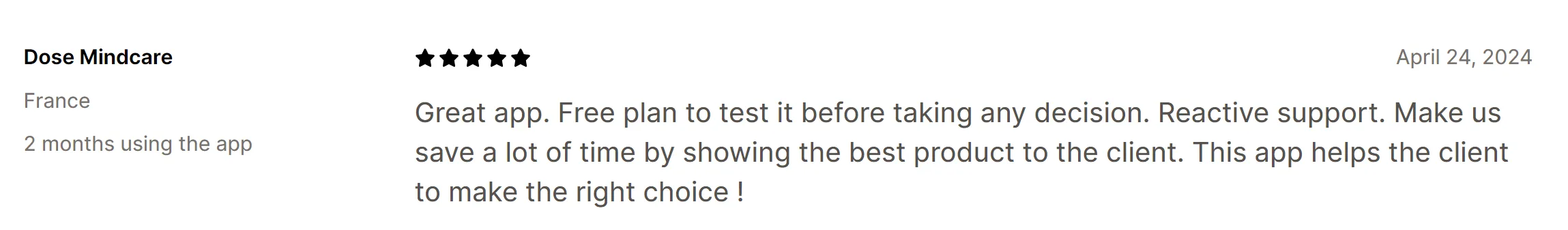 Dose Mindcare merchant review on the Shopify app store praising the time savings from accurate product matching
