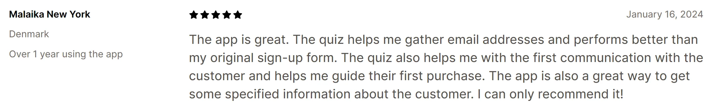 Malaika New York merchant review on the quiz outperforming the existing email sign-up form