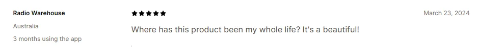 Radio Warehouse merchant review with a one-line endorsement of the app