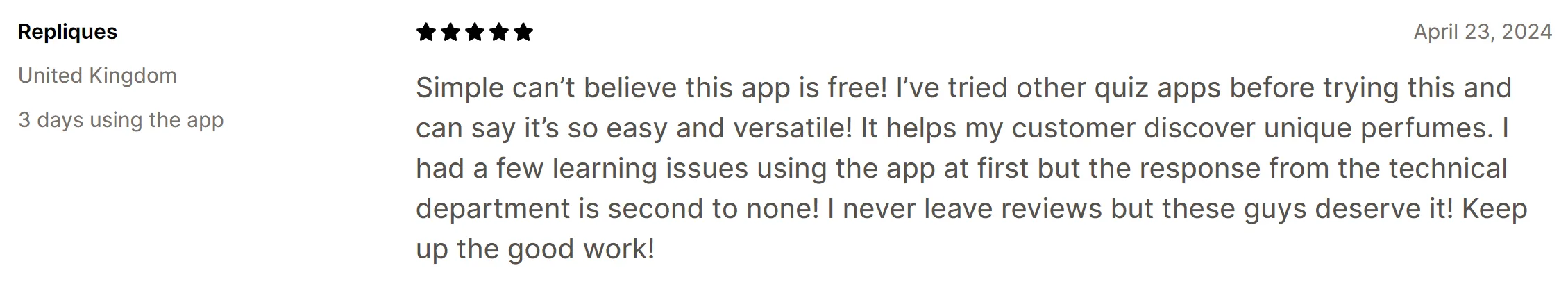 Repliques merchant review highlighting an unusually positive support experience