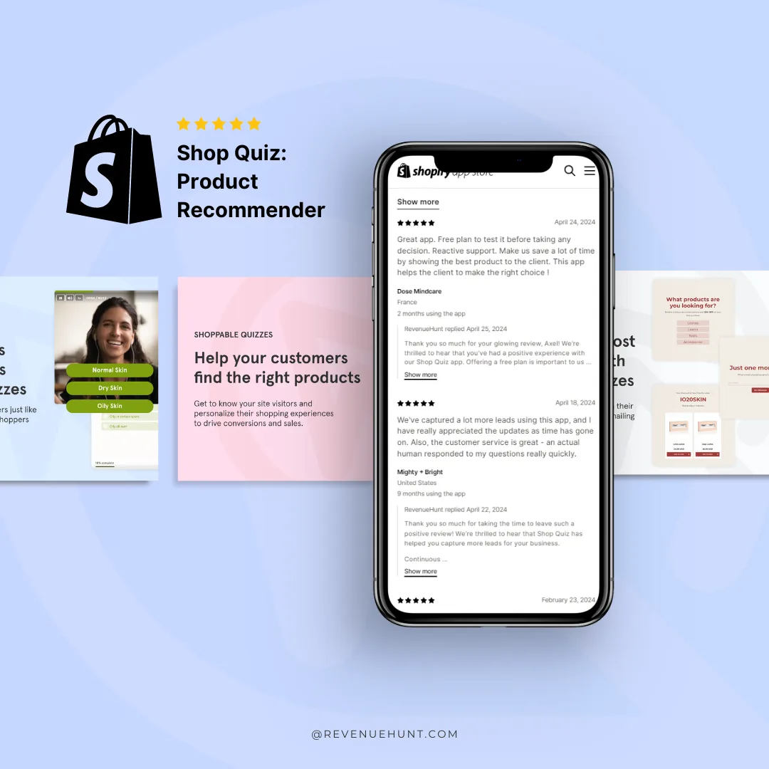 Shopify app store summary view showing the RevenueHunt quiz app's overall 4.9-star rating and review count