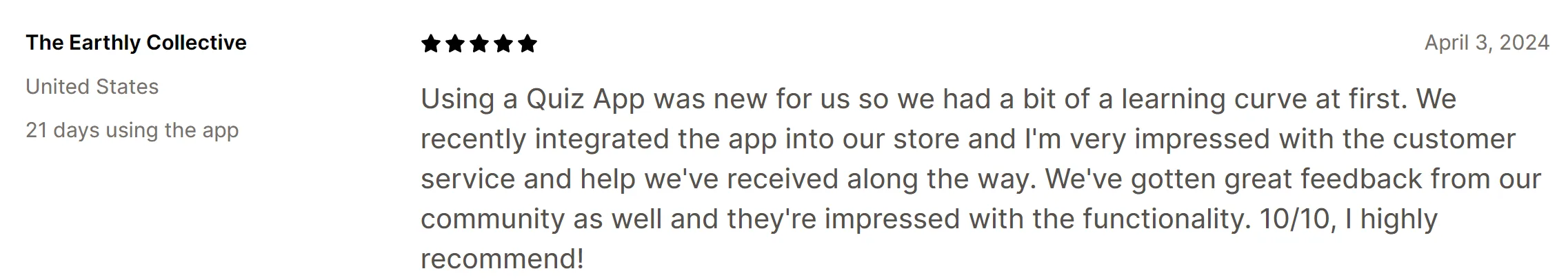 The Earthly Collective merchant review on the impact of video quizzes on engagement