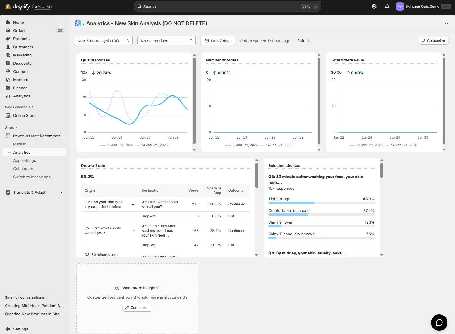 Shopify quiz analytics revenuehunt analytics dashboard