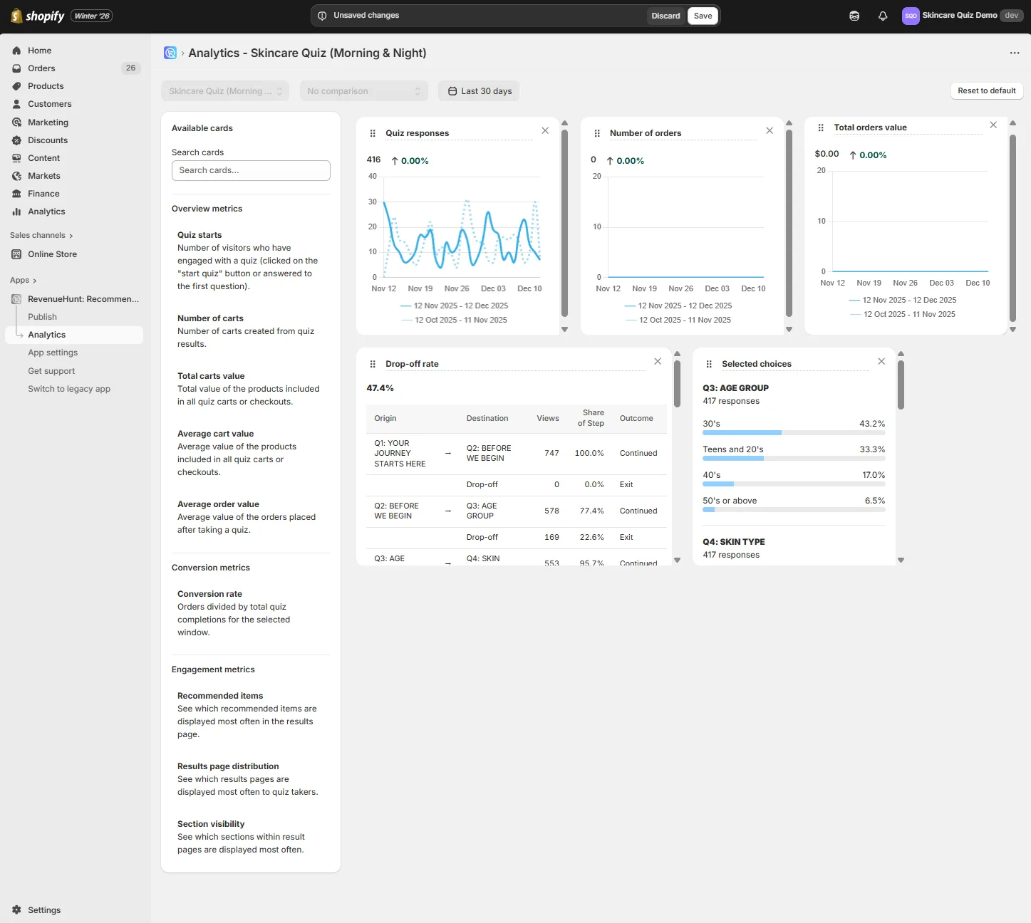 Shopify quiz analytics revenuehunt analytics customize