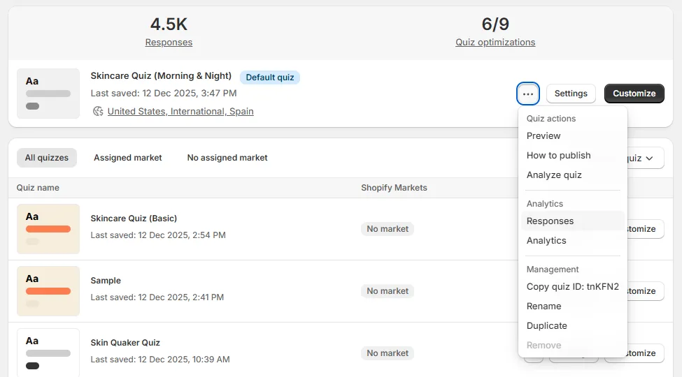 Shopify quiz analytics responses access
