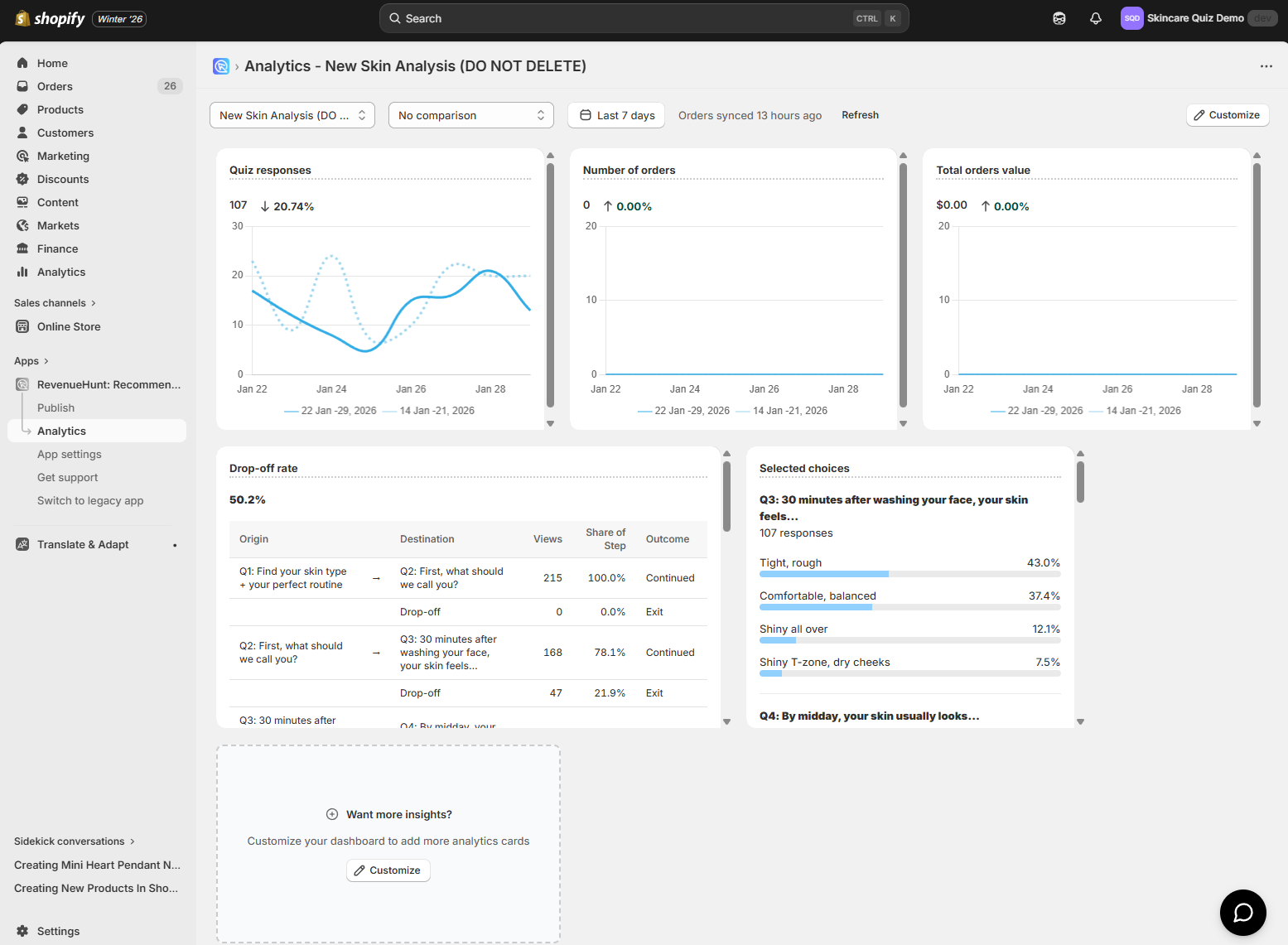 Built for Shopify Analytics tab with quiz responses, orders, and revenue