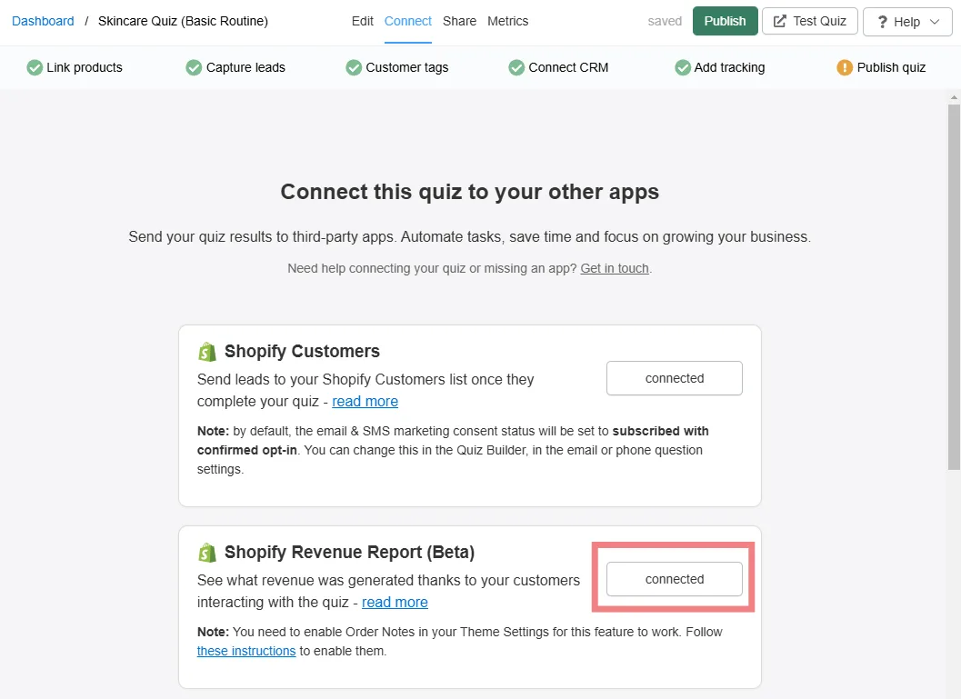 Shopify Revenue Report Connect button in the Connect tab