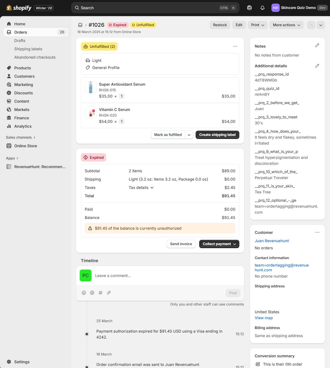 Shopify order detail showing the quiz answers attached to the order