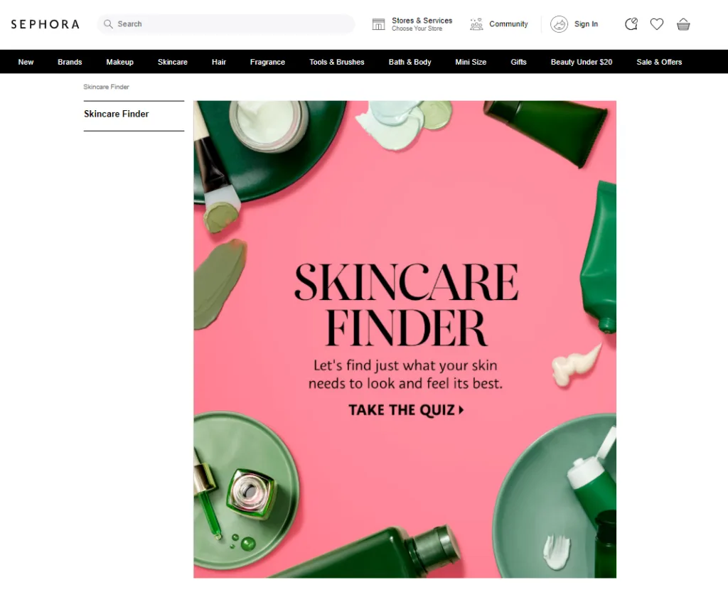 Example of a skincare product recommendation quiz on a beauty ecommerce store