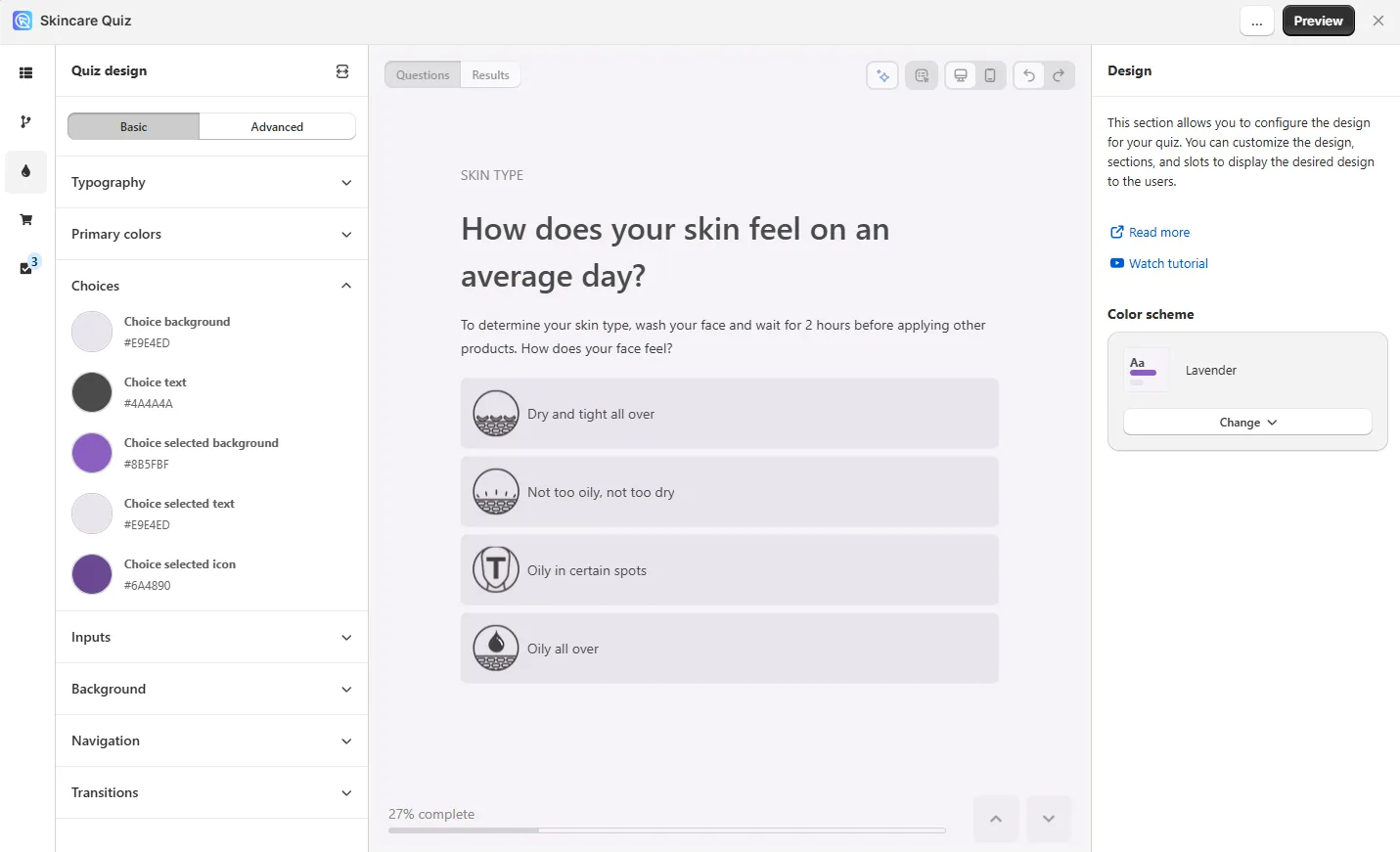 Quiz question types available in RevenueHunt's no-code beauty quiz builder