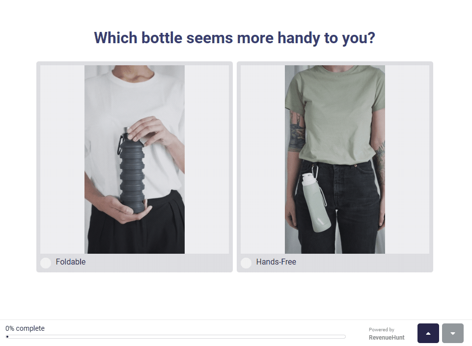Quiz slide showing animated product overview videos for two bottle SKUs side by side