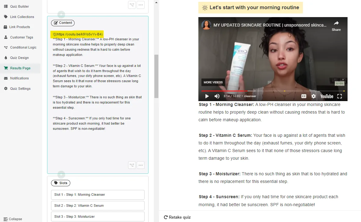 Results page editor showing a video block embedded alongside the recommended products