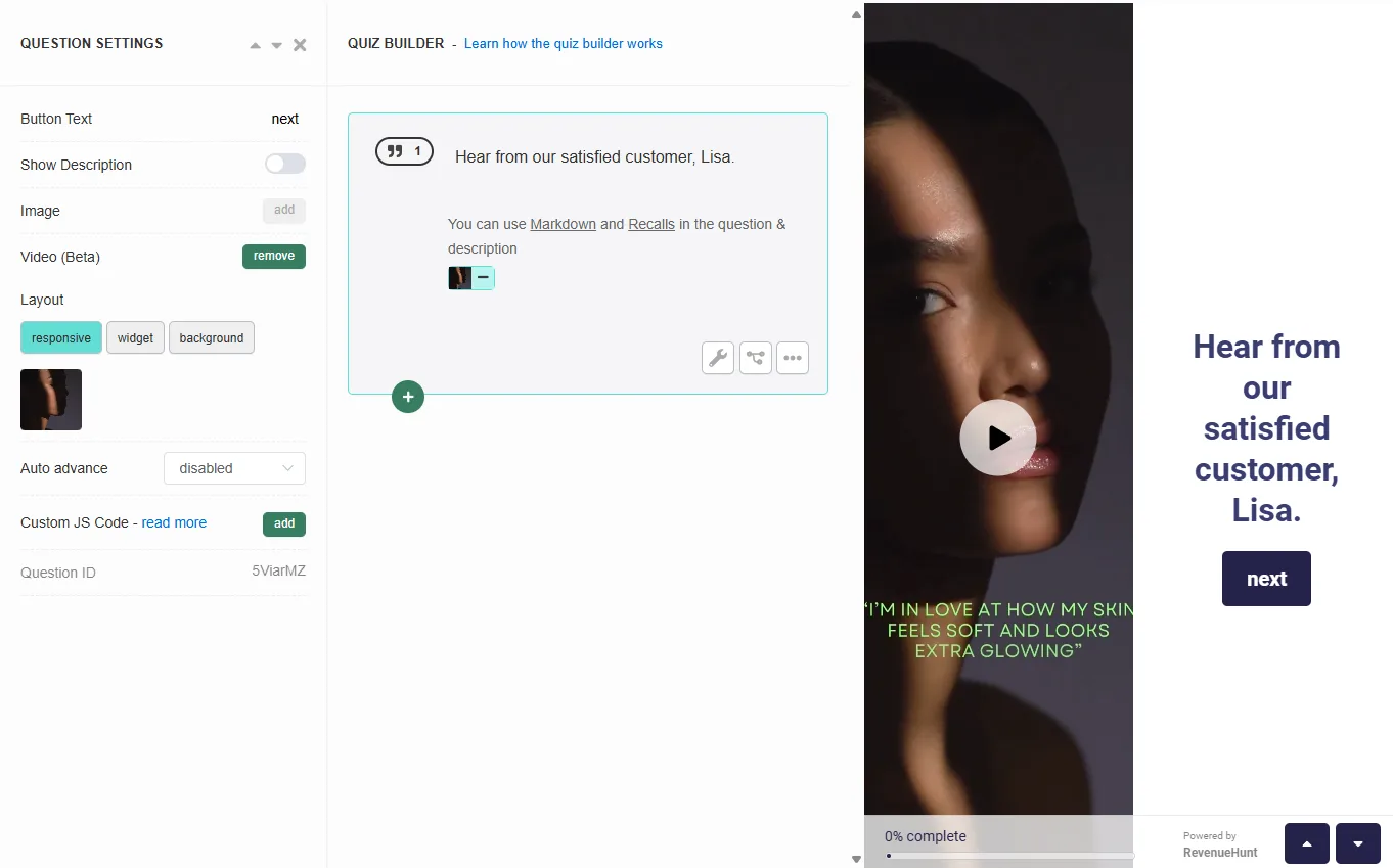 Quiz Builder split-screen video setup showing the responsive layout option