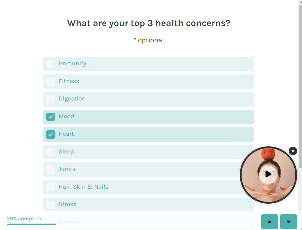 Quiz slide with a small round widget video playing alongside the question content