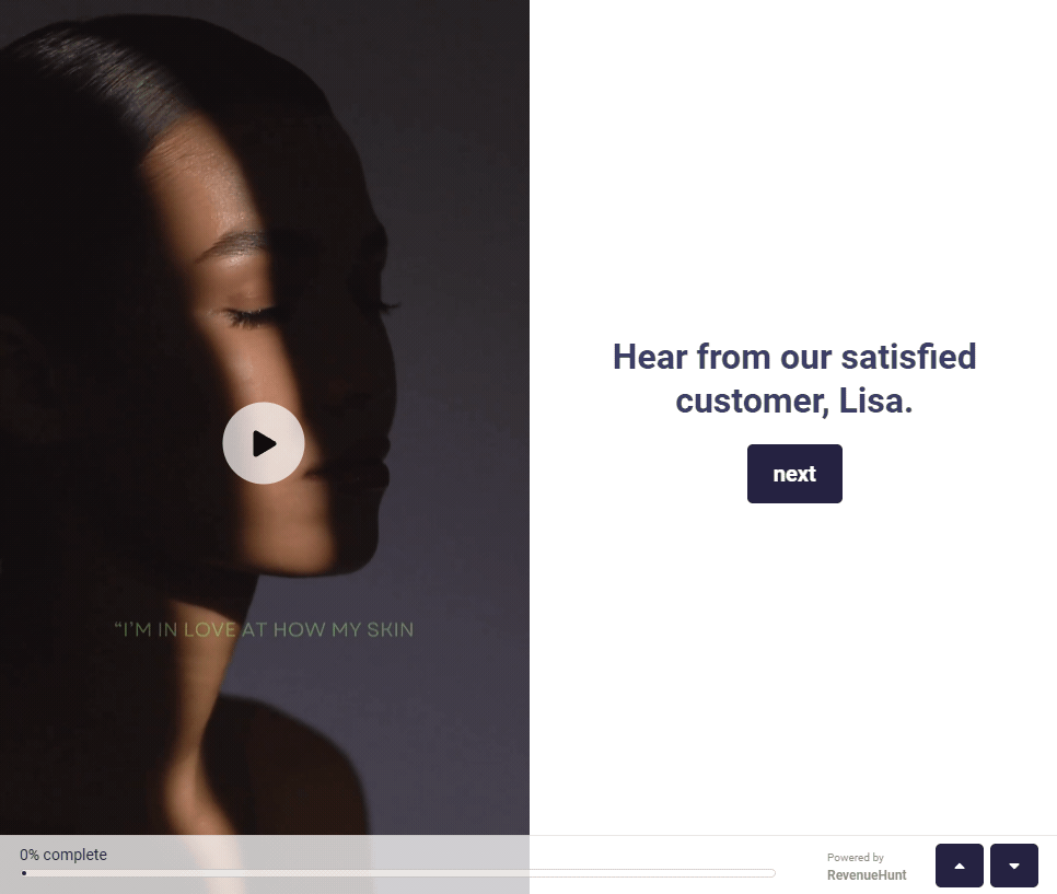 Quiz slide with a customer testimonial video in widget mode alongside the question content